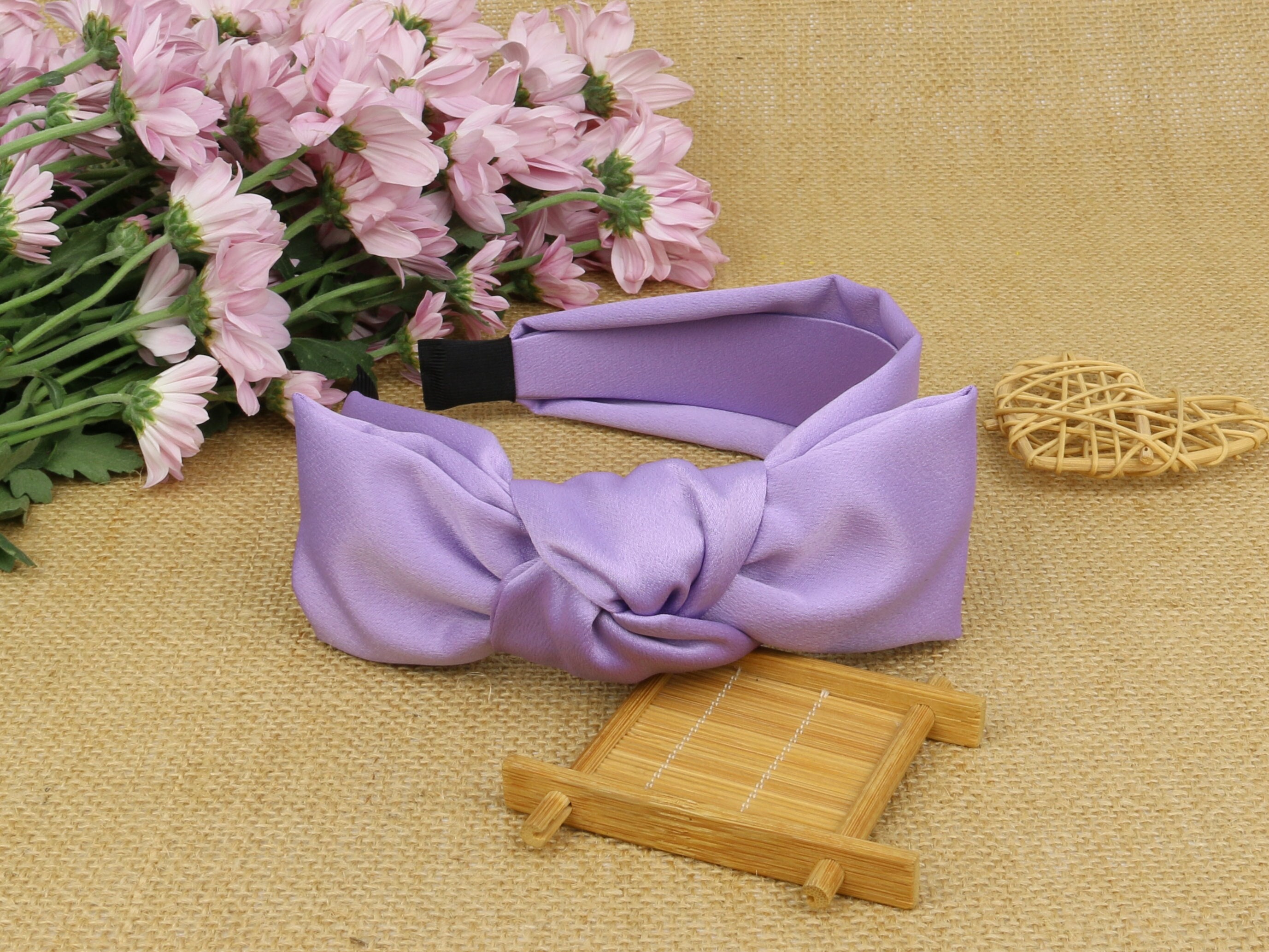 Purple Satin Oversized Bow Headband Thin Nylon Headband: Large Grosgrain Hair Bow (Light Orchid) main image 4