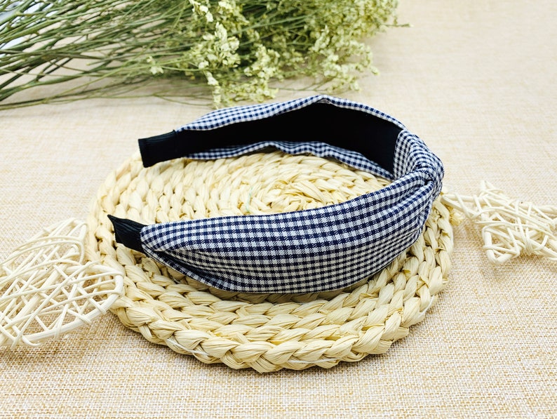 Navy Blue Gingham Knotted Headbandwide Headbandboho Etsy