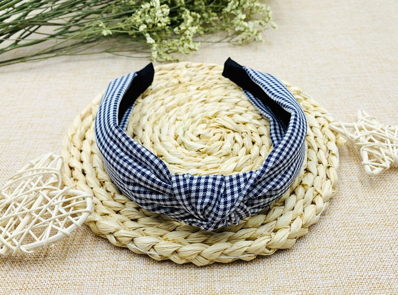 Navy Blue Gingham Knotted Headbandwide Headbandboho Etsy