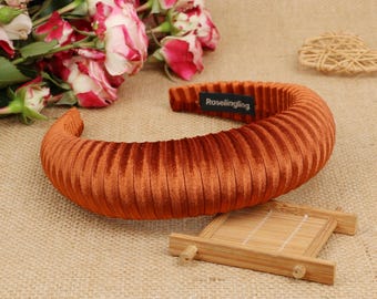 Diadema acolchada de terciopelo plisado color naranja quemado, Diadema acolchada de terciopelo color óxido, Diadema color naranja quemado, Diadema Matator, Diademas para mujer,