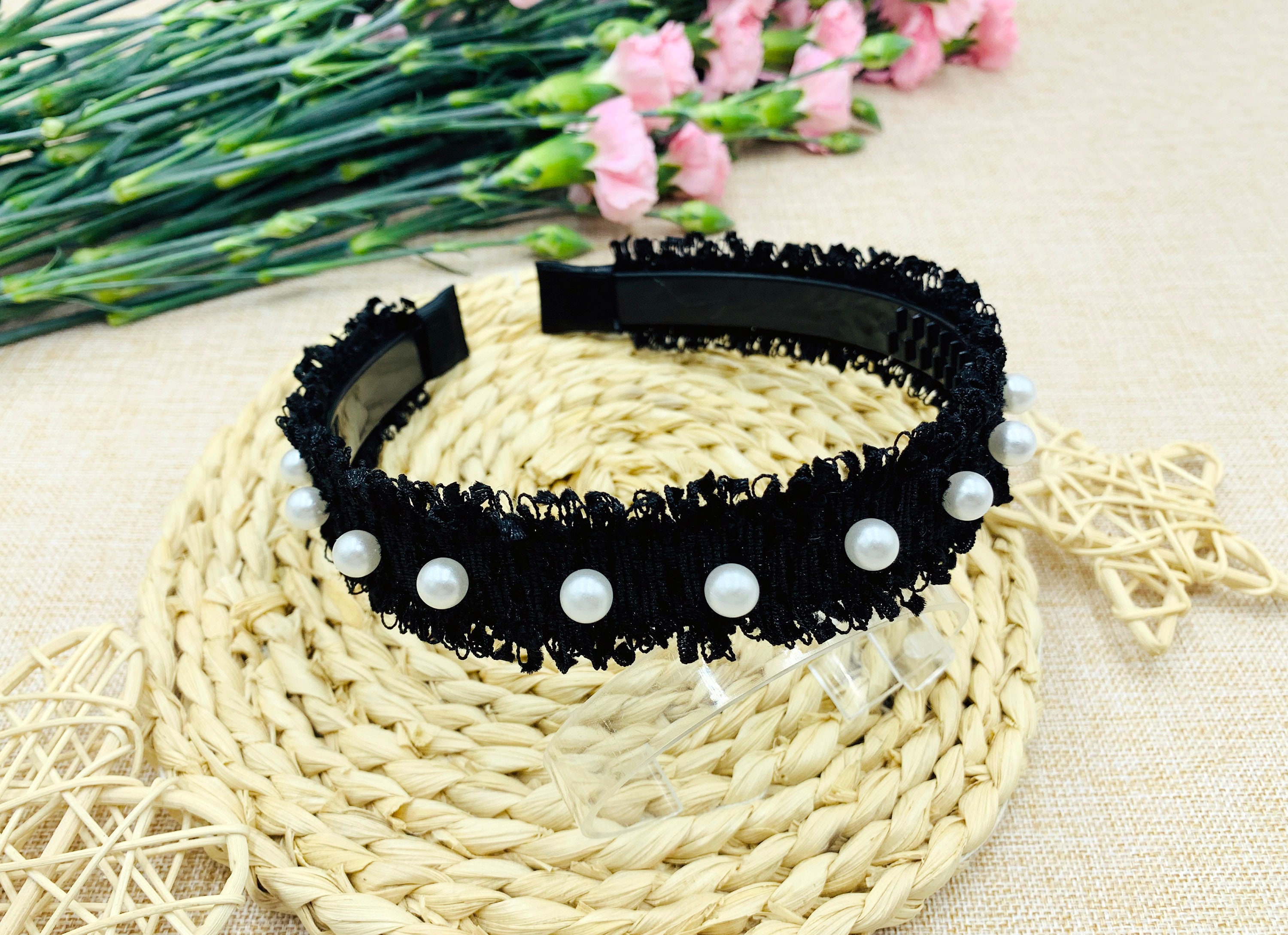 Designer Inspired Black Multicolor Tweed Padded Headband with Logo Pearl Accent French Connection Faux Black Pearl Fancy Padded Thick  main image 3