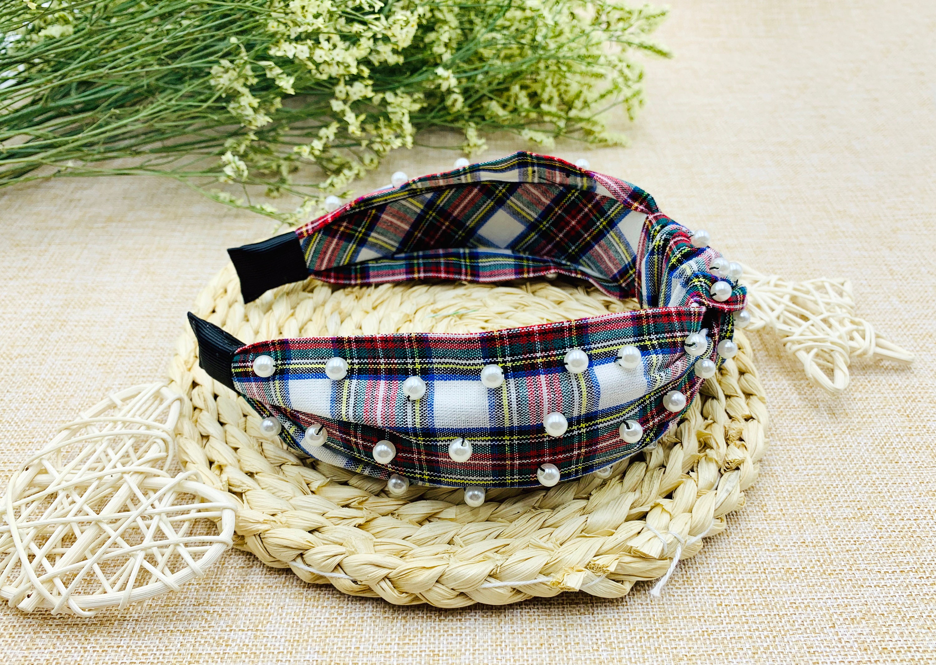 Christmas Plaid wide knotted Headband with pearlswide Etsy