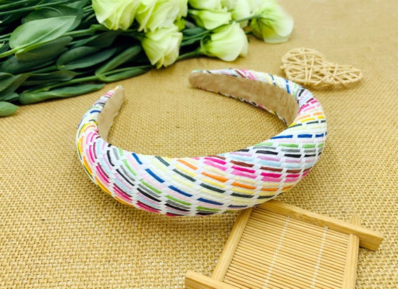 Colorful Stripes Straw Weaving Padded Headband,headbands for  display picture 2