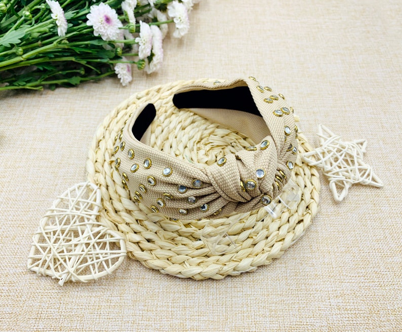 Khaki satin knotted headband with rhinestonesTurban knotted Etsy
