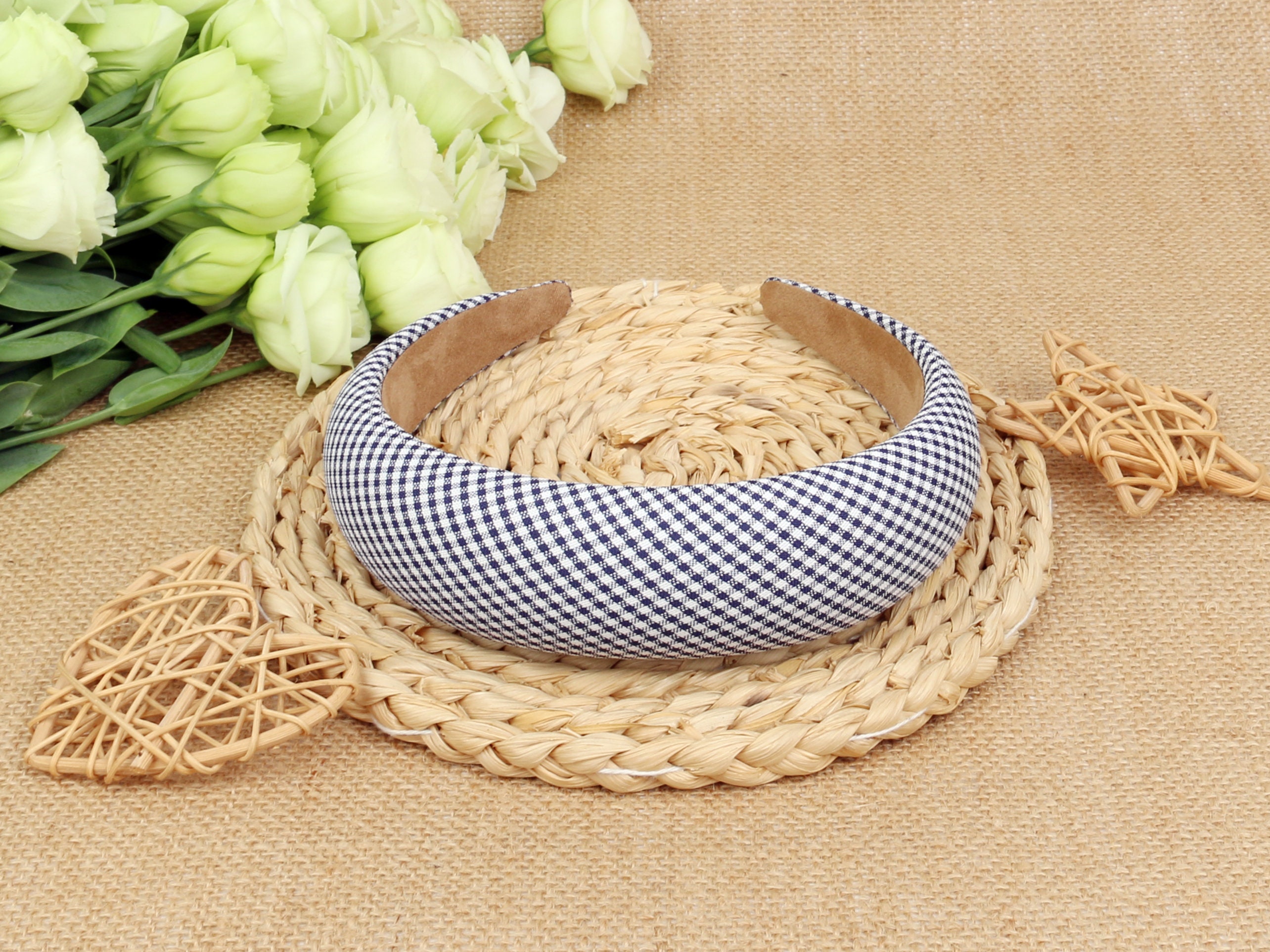 Navy Blue Gingham Padded Wide Headband,padded Headband,plaid  display picture 3