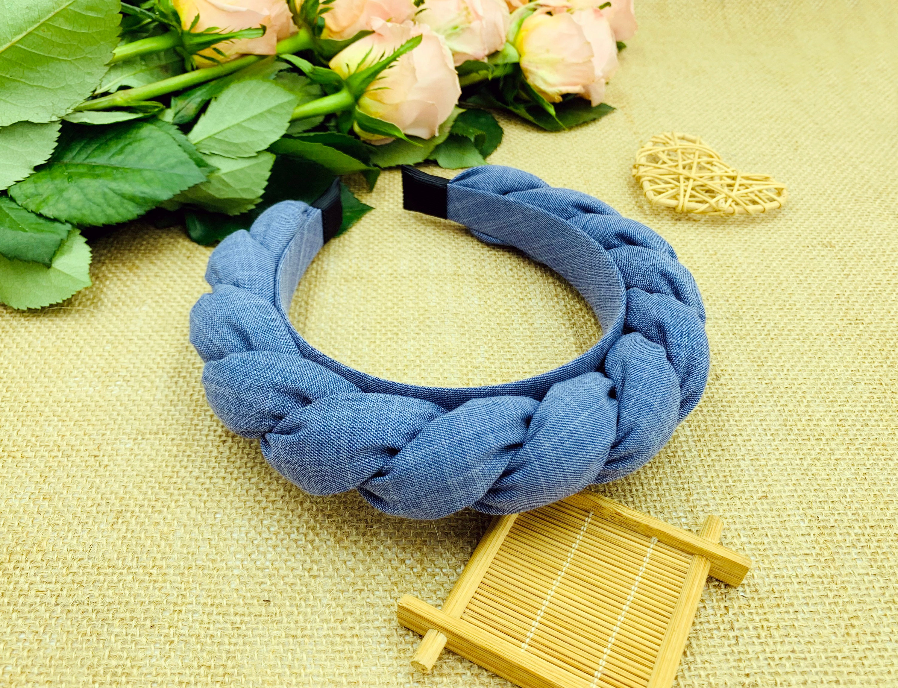 Blue Denim Padded Braided Headband,braided Denim Flock Deep  display picture 1