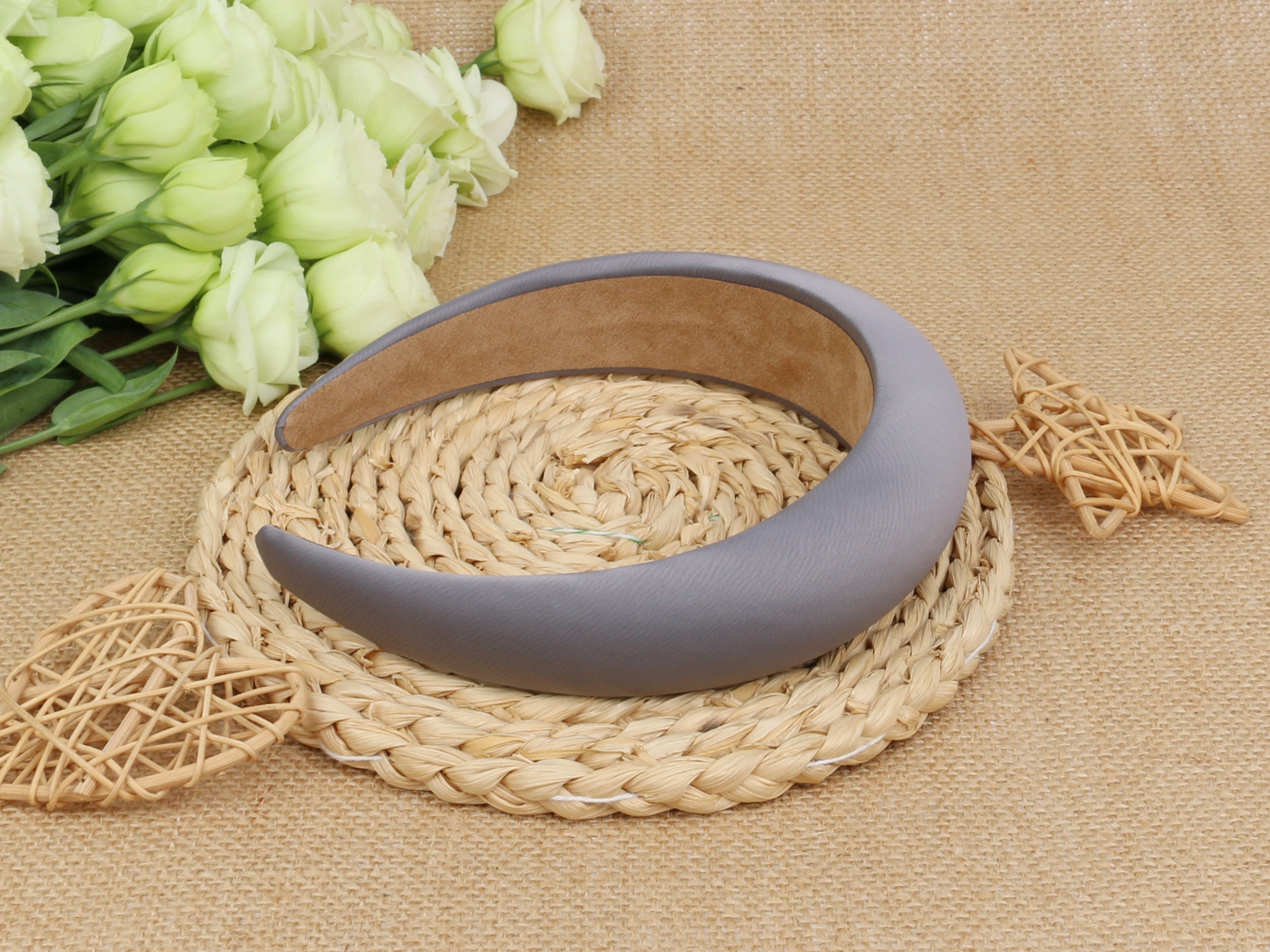 Fascia Per Capelli Larga Morbida In Raso – Donna Ragazza – Fascia Boho Attorcigliata Colore Beige - Foto 2