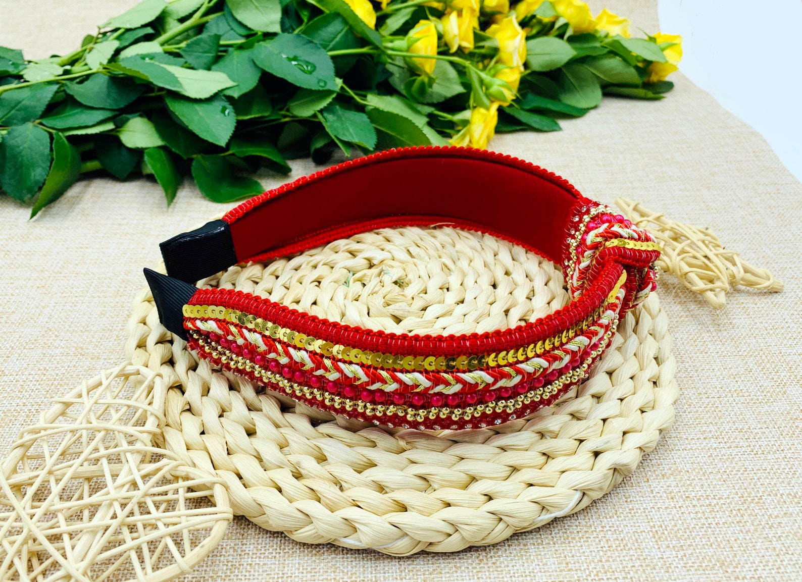 Red bohemian knot headband with rhinestonesBead piece knotted Etsy