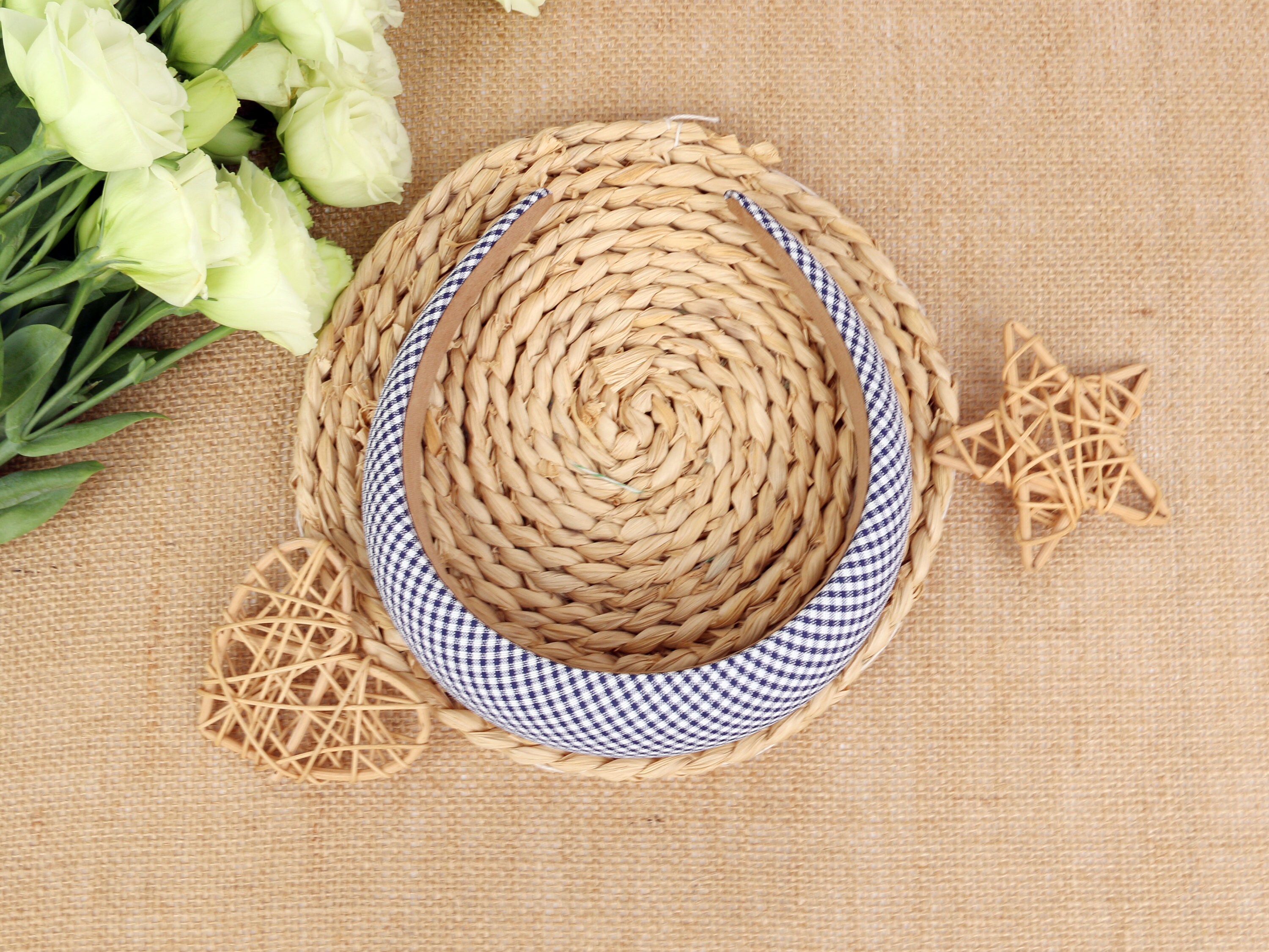 Navy Blue Gingham Padded Wide Headband,padded Headband,plaid  display picture 1