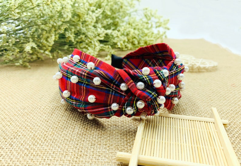 Red Christmas Plaid wide knotted Headband with pearlswide Etsy