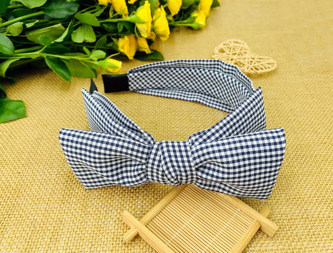 Navy Blue Gingham Layered Bow Headbandnavy Gingham Bow Etsy