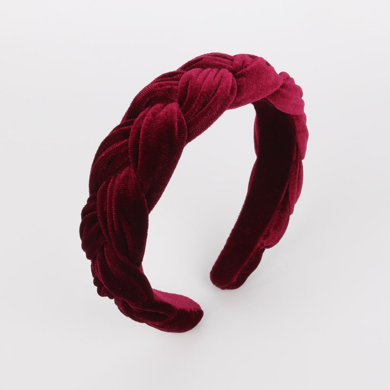 Wine red velvet wide braided headband,Wine red velvet flock deep braided headband,Alice headband,velvet padded headband,woven plait headband image 7