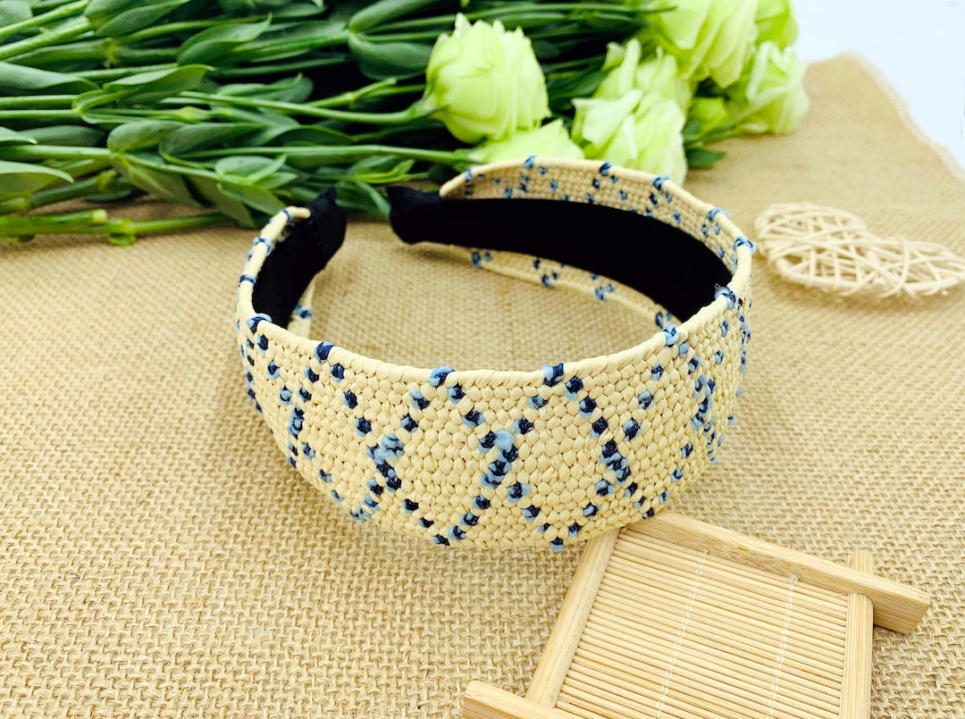 Cream and Blue Mixed Straw Weaving Headband,headbands for Women,bohemian Headband,wide Headband