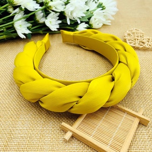 Yellow satin padded braided headband,Braided satin flock deep padded headband,Yellow satin braided headband,Yellow satin padded headband