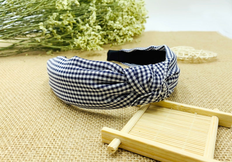 Navy Blue Gingham Knotted Headbandwide Headbandboho Etsy