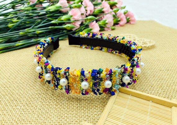 Colorful Tweed Headband With Pearls,wide Headband,stylish  display picture 2