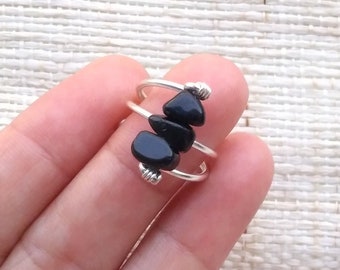 Verstellbarer Schwarzer Obsidian Ring: Draht Gewickelt Kristallstein