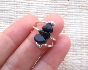 Bague réglable en obsidienne noire, bague en obsidienne pour femme, bague enroulée en fil de pierre d'obsidienne, bague en pierre noire, bague en pierre réglable, cristal