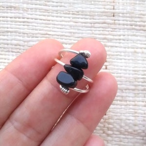 Adjustable Black Obsidian Ring: Wire Wrapped Crystal Stone