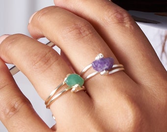Edelsteinring für Damen, Rohkristallringe, Kristallring, Heilsteinring, Draht gewickelter Kristallring, verstellbare Ringe, Jade Ring