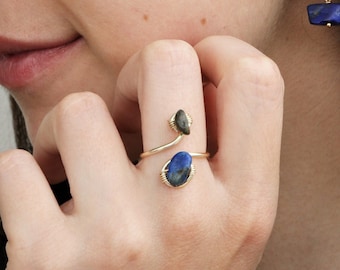 Doppelter verstellbarer Kristallring, Kristallring, Draht gewickelter Ring, echter Edelsteinring, Edelsteinring, Rohsteinring, kundenspezifischer Ring