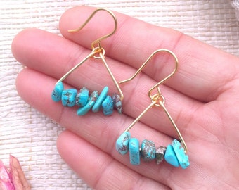 Gold triangle dangle earrings, Triangle earrings, Turquoise dangle earrings, Turquoise earrings, Boho earrings, Gift for Her, Jewelry trends