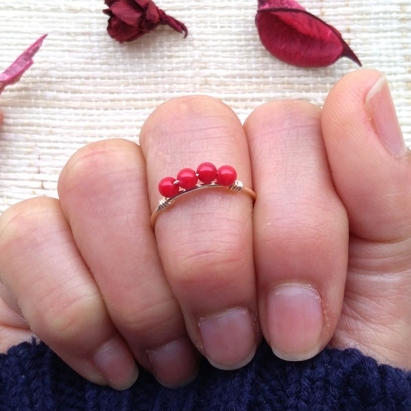 Red coral ring, Minimalist gemstone ring, Coral ring for women, Simple crystal ring, Adjustable gemstone ring, Wire wrap ring, Gift for her