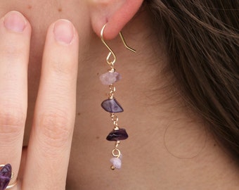 Amethyst earrings, Dangle gemstone earrings, Long amethyst earrings, Raw crystal earrings, Boho jewelry, Stones earrings, Bohemian earrings