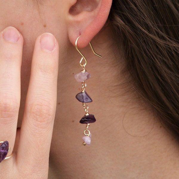 Amethyst earrings, Dangle gemstone earrings, Long amethyst earrings, Raw crystal earrings, Boho jewelry, Stones earrings, Bohemian earrings