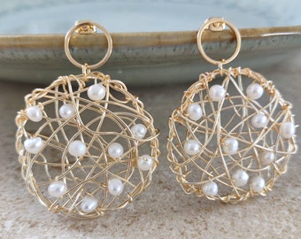 Gold wire wrapped hoop earrings, Dangle gold pearl earrings, Statement earrings for women, Pearl gold earrings, Gold dreamcatcher earrings