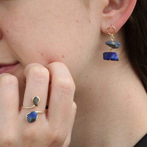 Lapis lazuli set, Lapis lazuli stone set, Lapis lazuli earrings, Crystal healing set, Gemstone ring, Dangle earrings, Lapis lazuli ring