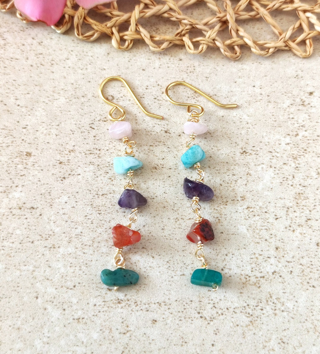 Boucles D'oreilles Pendantes En Pierres Précieuses Naturelles - Style Bohème Crochet - Multicolore - Vrai Bijou Artisanal