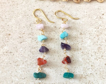 Raw gemstone dangle earrings, Multi gemstone earrings, Long colorful gemstones earrings, Long gemstone earrings, Boho crystal earrings