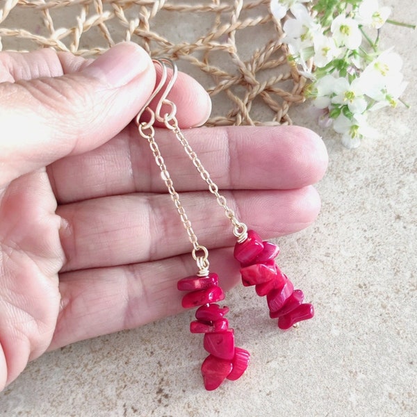 Long dangle earrings, Raw crystals earrings, Red coral dangle earrings, Red earrings dangle, Golf filled chain earrings, Ideal gift for her