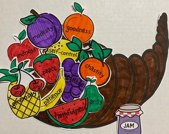 May include: A brown cornucopia filled with colorful fruit illustrations, each with a word written on it. The words include: "modesty", "goodness", "kindness", "self-control", "peace", "gentleness", "joy", "generosity", "patience", "chastity", "faithfulness", and "charity". A small purple jar with a red and white checkered lid is labeled "JAM Jesus and Me".