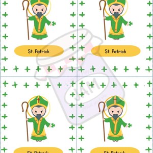 May include: Four St. Patrick's Day cards with a cartoon illustration of St. Patrick holding a staff and a shamrock. The cards are green and yellow with the text "St. Patrick".