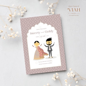 Schattige desi/Zuid-Aziatische bruid en bruidegom: set van 10 save-the-date-bruiloftskaarten met enveloppen