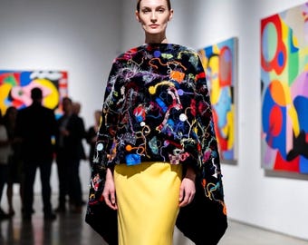 ELEGANT SHAWL/WRAP Handmade Black Unique with Colorful Recycled Fabric Yarn