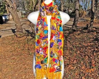 COLORFUL WEARABLE ART Scarf Handmade Yellow Unique Recycled Yarn