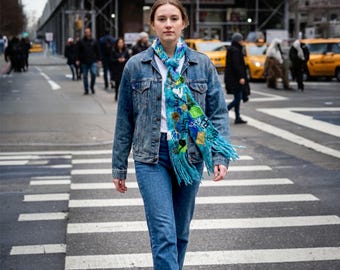 WEARABLE ART SCARF Recycled Yarn and Fabric Aqua and Blue Fringe Wild Funky Long