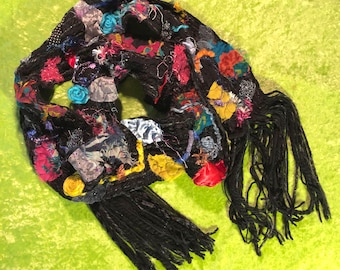 WEARABLE ART SCARF Handmade Black Recycled Yarn Colorful Design