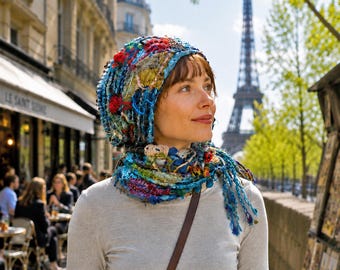UNIQUE HANDMADE BLUE Scarf Unisex Art to Wear Recycled Yarn and Fabric