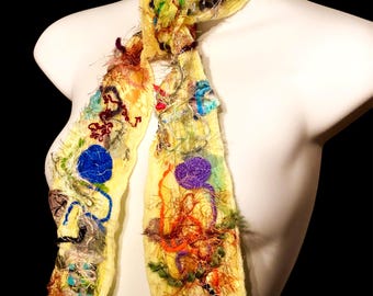 UNIQUE HANDMADE SCARF Art to Wear from Yarn and Fabric Yellow