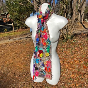 UNIQUE ONE of a KIND Scarf Colorful Boho using Recycled Yarn and Fabric by Kathryn Laibson