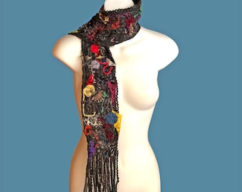 WEARABLE ART SCARF  Dark Gray Yarns Colorful Accents for Women or Men