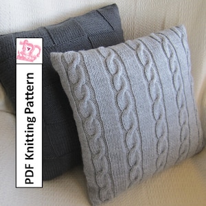 May include: Two knitted pillow covers, one gray and one dark gray, with a cable knit pattern. The gray pillow cover has a "PDF Knitting Pattern" label.
