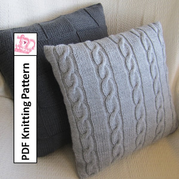 PDF KNITTING PATTERNs, 2 x knit pattern pdf, cable knit pillow cover pattern, Simple Squares 20" x 20" pillow cover pattern