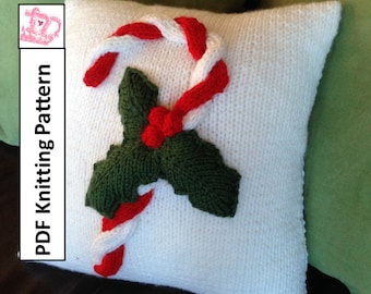 PDF KNITTING PATTERN, Christmas knitting pattern, Christmas pillow cover knitting pattern, 14"x14", Candy Cane  pillow cover