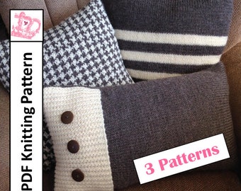 PDF KNITTING PATTERN, knit pillow cover pattern, knit pattern pdf, Stripe pillow cover, houndstooth, Set of 3 patterns