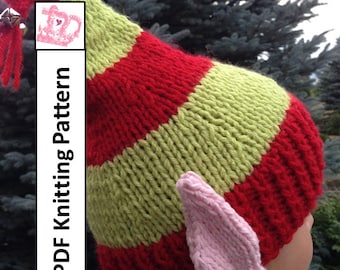 PDF KNITTING PATTERN, hat knitting pattern, Elf Ears Jingle Bells Hat